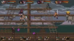Pixel-art side-scrolling game scene on a pirate ship: players on ropes and platforms, combat underway with sword-wielding characters and a purple enemy aura near bottom left.
