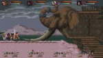 Pixel-art side-scrolling battle: a four-hero party fights a giant elephant near a wooden fortress; health bars above, icons below.