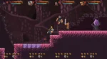 Pixel-art side-scroller: four heroes on pink stone platforms fight an orange-clad foe in a dark cavern; health bars with portraits run along the top, a glowing purple crystal on the right.