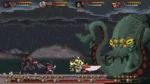 Pixel-art side-scrolling battle: four adventurers fight a large multi-headed tentacled monster in a rainy, dark landscape, with health bars across the top and a status bar along the bottom.