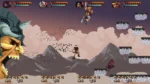 Large horned boss head on left, desert battlefield and platform towers on right with jumping characters and coins/UI at bottom edge.