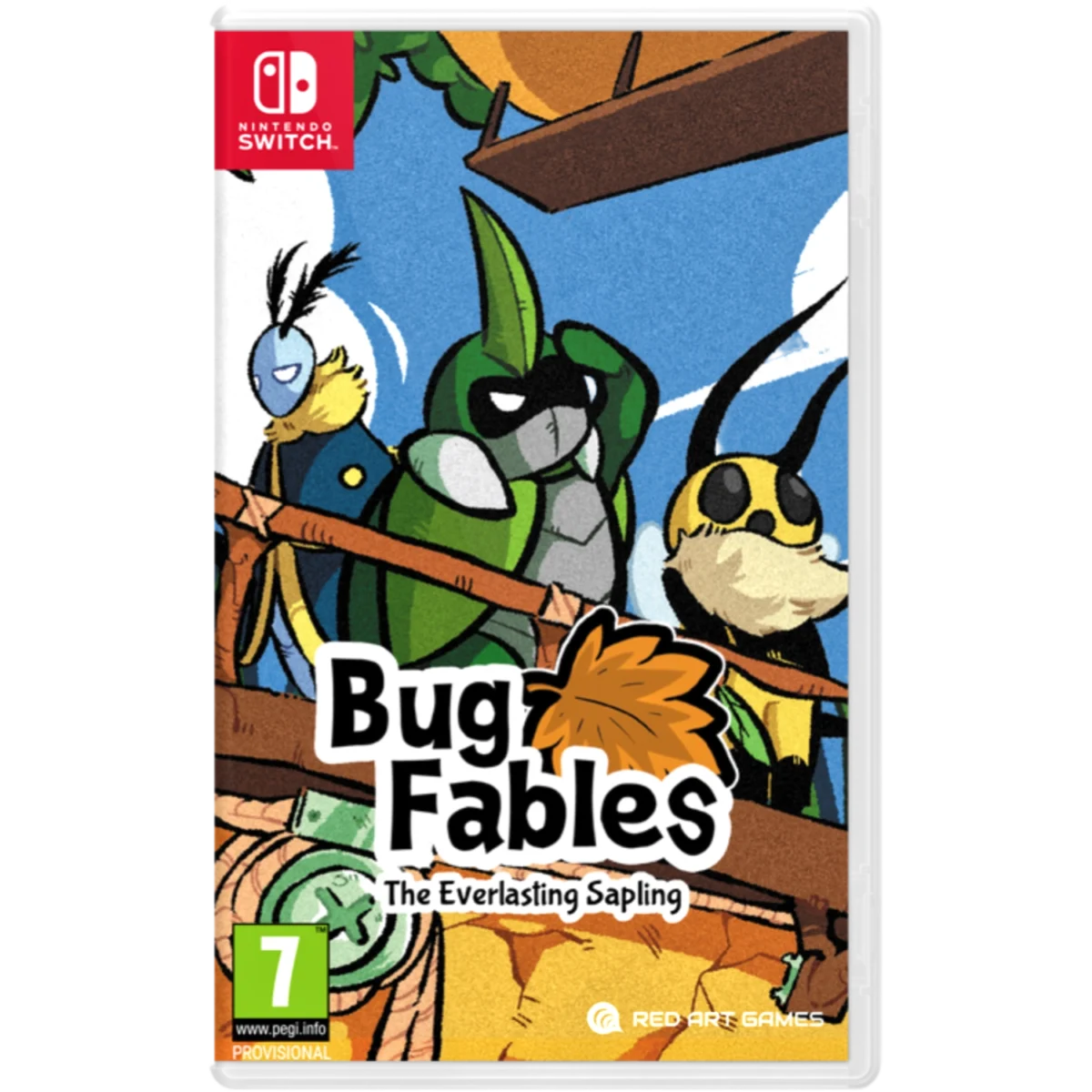 Nintendo Switch game cover for Bug Fables: The Everlasting Sapling with colorful insect characters on a bright blue background.