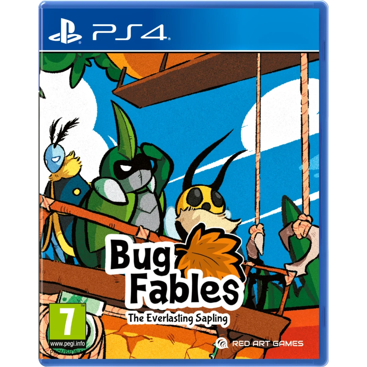 Cover art for Bug Fables: The Everlasting Sapling on a PS4 case, showing colorful insect characters against a blue sky background.