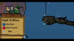 Underwater arcade game screen showing depth 51.8 cm with Reel Back, Reel Forward, and Quit options; cartoon divers on a platform left, bubbles rise as a dark eel-like creature holds a blue gem on the right.