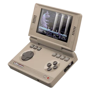 Open handheld C64-style gaming device displaying a pixelated platform game on its screen with a built-in keyboard-like controls