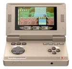C64Image2 - Video Game Depot Retro handheld console playing a pixel-art platform game with two characters on a colorful stage and a waterfall scene on screen.