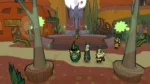 Cartoon forest plaza with a circular stage and a statue; four insect-like characters stand on a path in front of it.