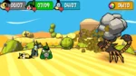 Cartoon desert battle scene: three small heroes face a large rock monster throwing debris under a bright blue sky.