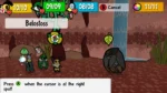 In-game battle screen: four small heroes face a large shell monster; HUD shows HP bars and turn indicators, with the enemy named Belostoss and a bottom prompt reading "Press A when the cursor is at the right spot!"