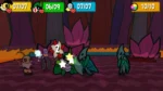 Cartoon dungeon battle: a green plant monster is struck by stars as a small panda-like ally stands nearby; colorful health bars are at the top of the screen.