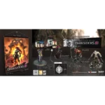 Promotional image showing Darksiders III collectibles: boxed art poster and multiple action figures on display table.