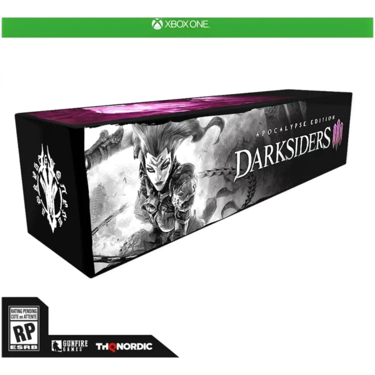 DarkSiders II: Apocalypse Edition game box with grayscale artwork and the title along the side, Xbox banner above the box, RP rating in corner.