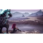 Two armored riders on a dark horse overlook a desolate, icy landscape with jagged mountains under a pinkish purple sky.