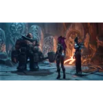 In a cavernous chamber, a large muscular warrior with a hammer stands at the front while other armored figures gather; carved stone pillars with glowing runes line the walls and lava glows in the background.