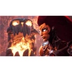 Close-up of a masked female warrior with red hair and glowing eyes, wearing armor in a fiery, lava-filled scene.