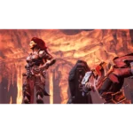 Armored woman with red hair standing in a fiery lava cavern, ready for battle.