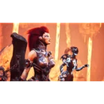 Female warrior with red hair in ornate armor, standing in a fiery lava-filled landscape.