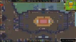 Top-down pixel-art fortress hall with a multicolored concentric floor centerpiece, NPCs scattered around, and surrounding storerooms; game UI bars along the top and a mini-map in the top-right.