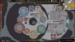Screenshot of a Dwarf Fortress–style fortress map showing multiple circular colored rooms (halls) connected by corridors inside a large cavern, with a dark outer rim and gray stone floors; game UI bars at top and a vertical toolbar on the left.