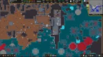 Screenshot of a Dwarf Fortress-style cavern: brown rocky area left, teal water right, with a multi-room fortress on higher ground and red coral-like formations in water. A minimap sits top-right.