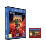 EVE-CART-DOOM-RTAIL - Video Game Depot Blue Evercade game case titled The Doom Collection with artwork of a green-armored figure fighting monsters in a fiery landscape; includes 2 games and bonus map packs, PEGI 16 rating visible on lower left.