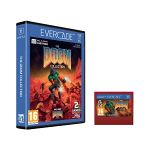 EVE-CART-DOOM-RTAIL - Video Game Depot Blue Evercade game case titled The Doom Collection with artwork of a green-armored figure fighting monsters in a fiery landscape; includes 2 games and bonus map packs, PEGI 16 rating visible on lower left.
