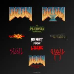 EVE-CART-DOOM-RTAIL12 - Video Game Depot Collage of DOOM logos on a black background, featuring DOOM, DOOM II and expansion pack titles like Plutonia, Evilution, No Rest for the Living, and Deathmatch Pack.