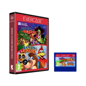 Evercade boxed game set featuring Banjo-Kazooie artwork; red case with 'EVERCADE' logo and a separate blue cartridge beside it