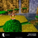 EVE-CART-RAR2-RTAIL13 - Video Game Depot Banjo the bear with Kazooie perched on his back stands on a grassy platform in a colorful 1998 platformer world with a waterfall backdrop.
