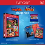 Evercade Banjo-Kazooie Double Pack promotion with red console case and blue background showing cartridges and manuals on display