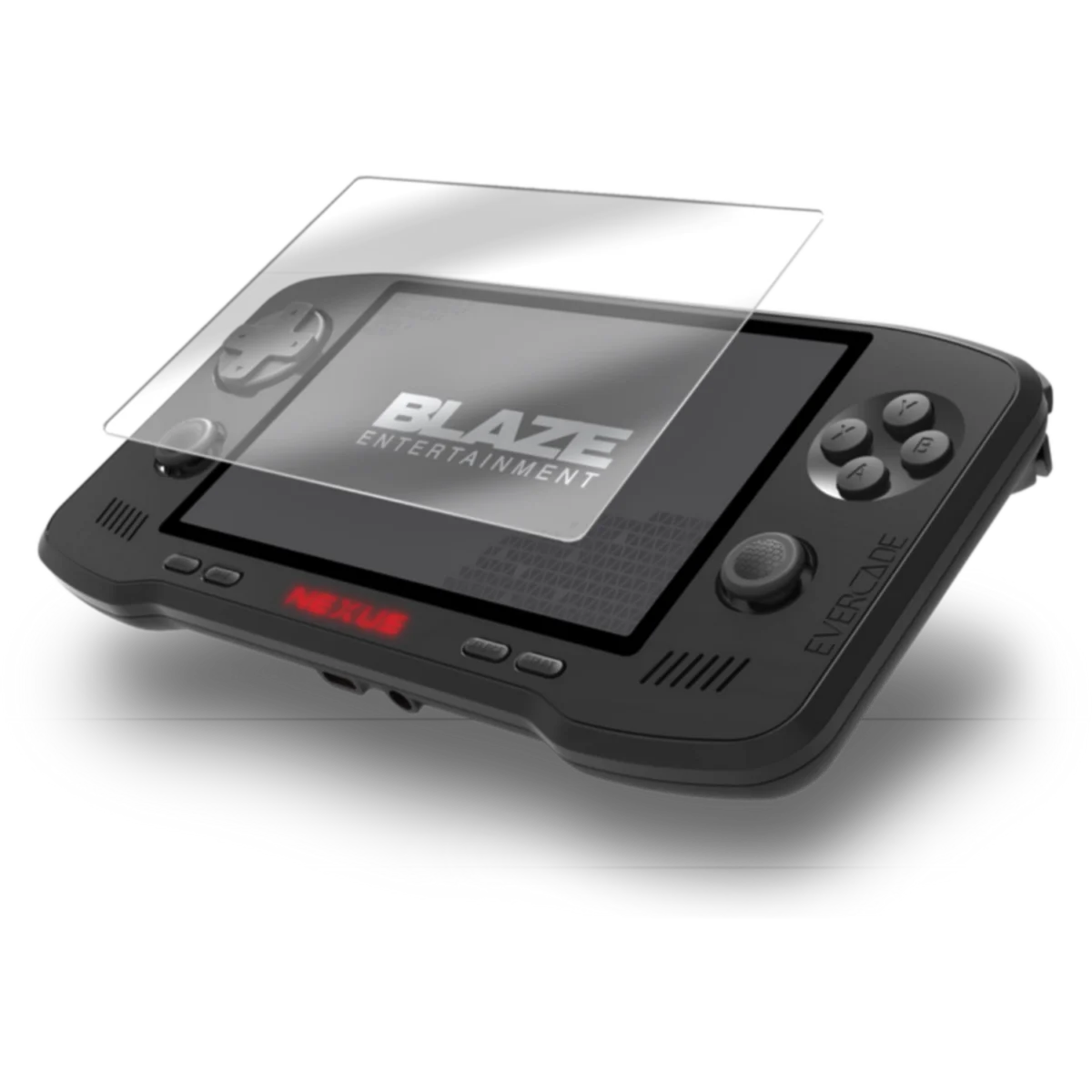 Handheld gaming console with a clear screen protector peeling away from the display, Blaze Entertainment visible on the screen.