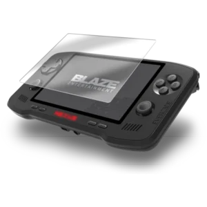 Handheld gaming console with a clear screen protector peeling away from the display, Blaze Entertainment visible on the screen.