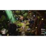 Isometric RPG scene: a forest village with wooden houses, adventurers walking a path, and a glowing portal in the center.