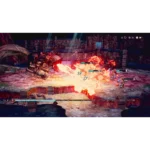 Action RPG battle scene: a party fights a large dragon-like boss in a ruined arena, fiery attack erupting from the boss, health bars visible above enemies and players.