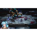 Gameplay scene in a dark, icy arena: a large multi-limbed, orange-green beast towers over a small party of adventurers; on-screen dialogue from Mayaca mentions spores.