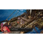 Scene from a fantasy RPG: characters stand on a detailed ship deck above blue water, preparing for action; dialogue shows Azurea saying, 'You need to find a way for us to make it back. I'm not settin' sail without a guarantee!'