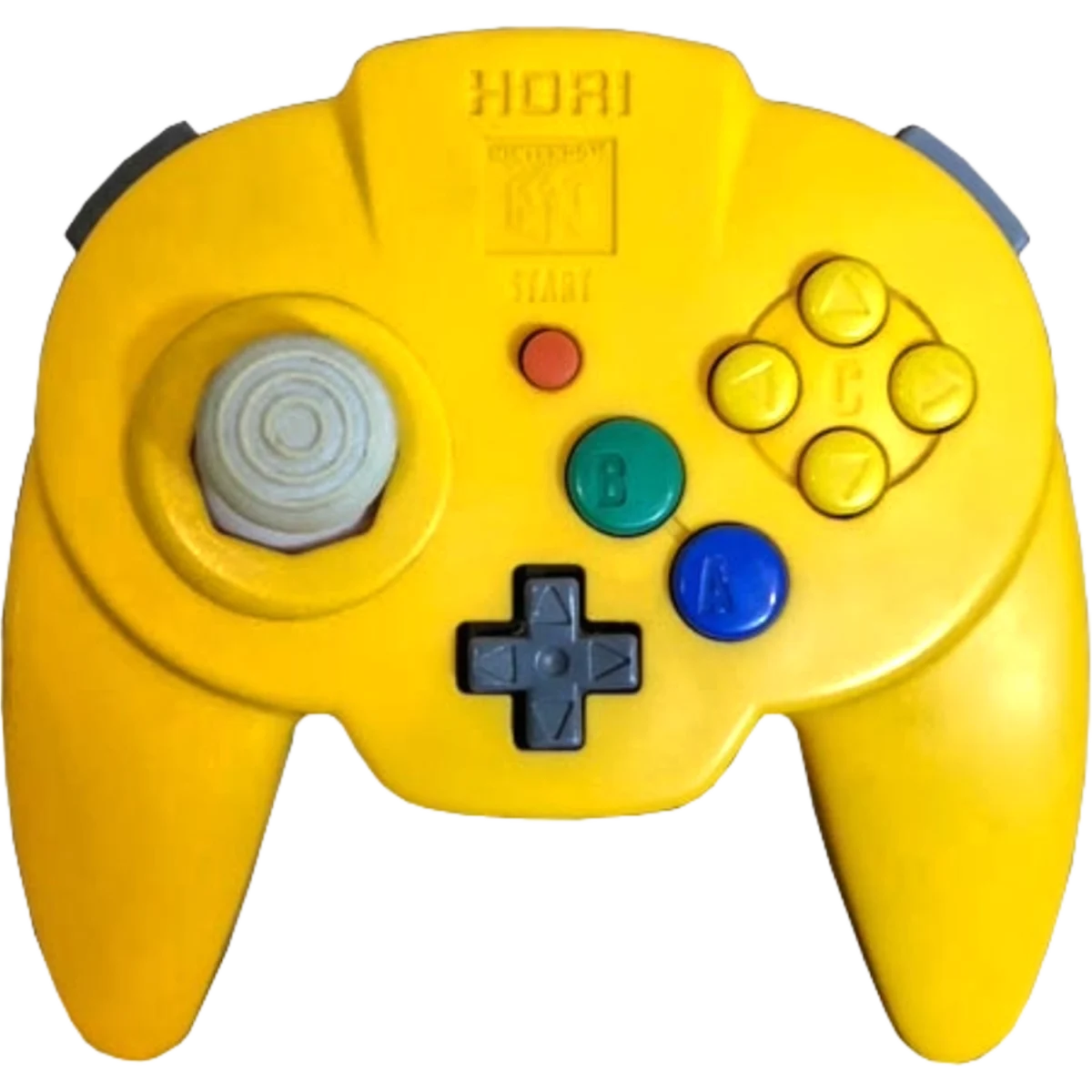 Bright yellow video game controller with left thumbstick, D-pad, and A/B/X/Y buttons visible on the right.