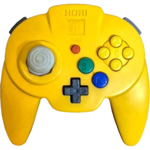 Bright yellow video game controller with left thumbstick, D-pad, and A/B/X/Y buttons visible on the right.