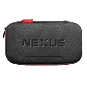 Black textured zippered carrying case with red zipper pull, embossed 'NEXUS' on the front and an Evercade tag above it.