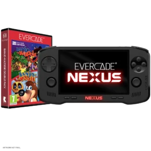 Image_1a - Video Game Depot Evercade Nexus handheld game console with Banjo-Kazooie cartridge box beside it. (informational image)
