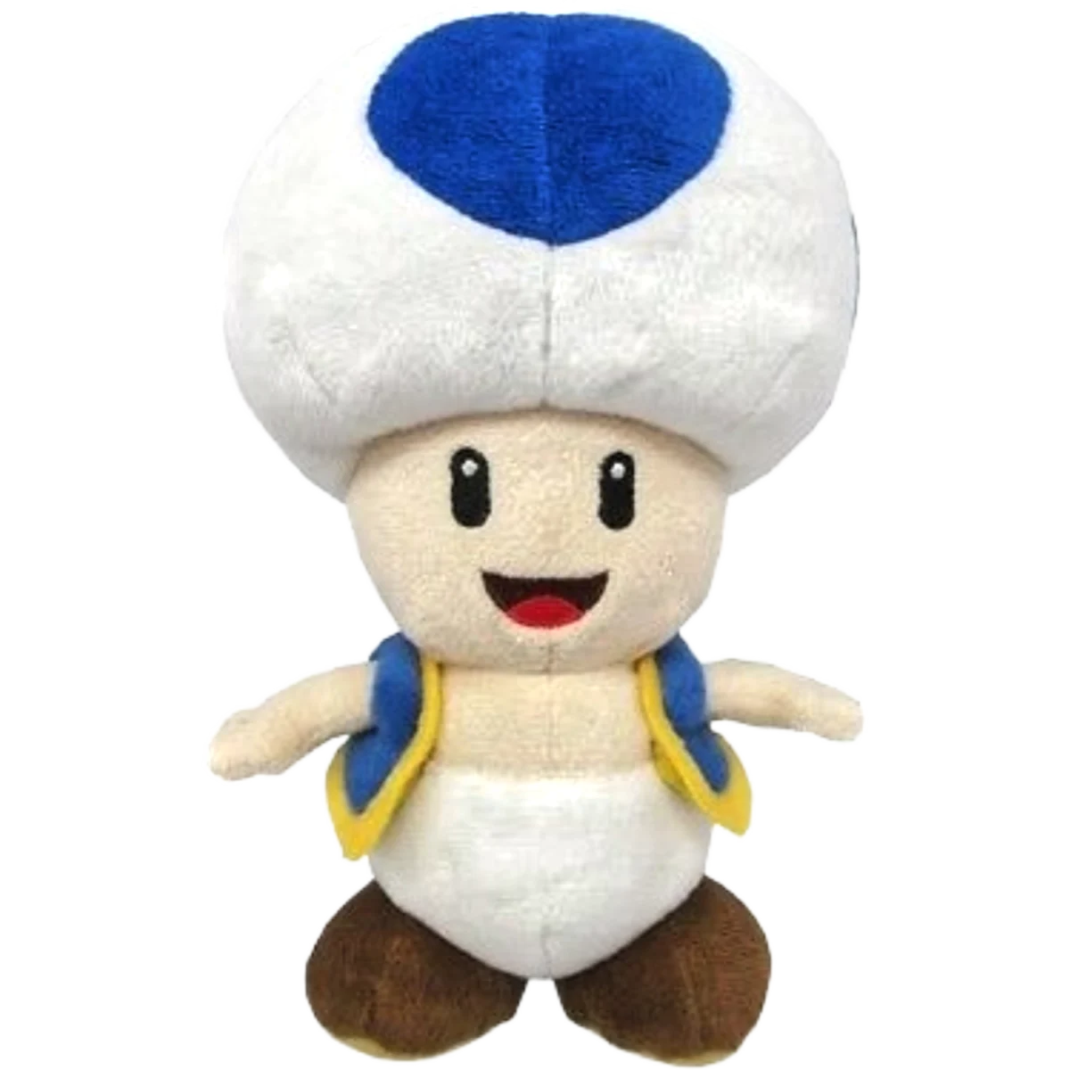 Plush toy of Toad from Mario: white mushroom cap with blue dot, smiling face, yellow-trimmed vest, brown shoes.