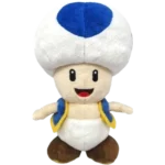 Plush toy of Toad from Mario: white mushroom cap with blue dot, smiling face, yellow-trimmed vest, brown shoes.