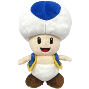 Plush toy of Toad from Mario: white mushroom cap with blue dot, smiling face, yellow-trimmed vest, brown shoes.