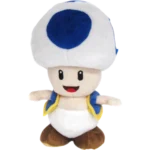 Plush toy of Toad from Super Mario with a white mushroom cap and blue spot, blue vest, and brown shoes, arms outstretched.