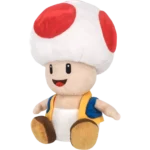 Toad plush toy from Mario with a white mushroom hat, red spots, beige face, and a cheerful smile wearing a blue vest with yellow trim.
