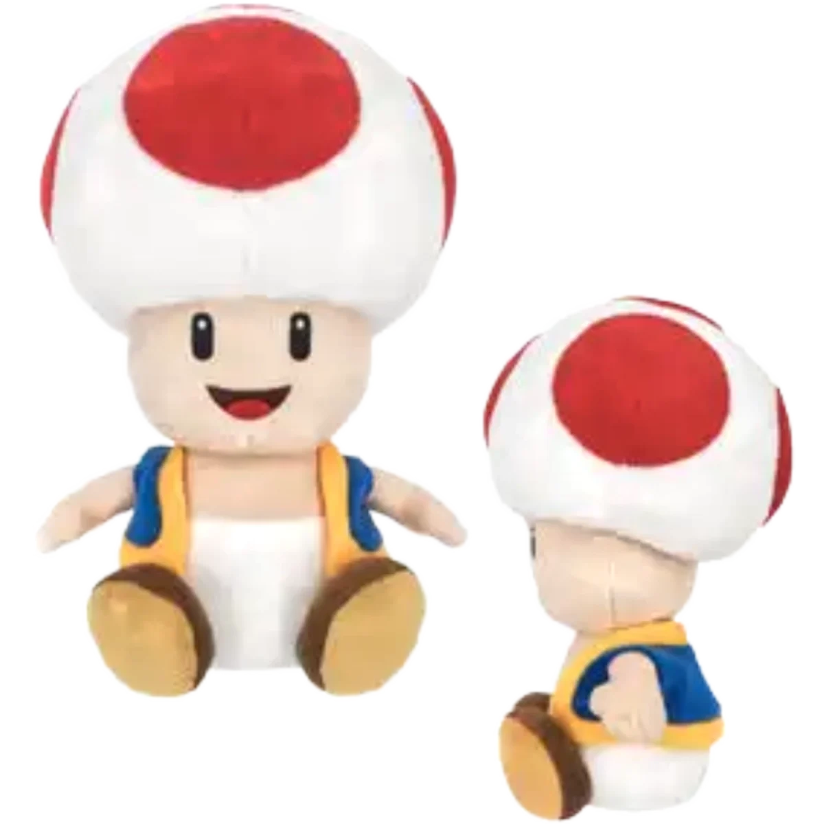 Two Mario Toad figures: white mushroom caps with red spots, smiling faces, blue vests with yellow trim.