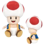Two Mario Toad figures: white mushroom caps with red spots, smiling faces, blue vests with yellow trim.