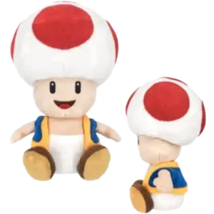 Two Mario Toad figures: white mushroom caps with red spots, smiling faces, blue vests with yellow trim.
