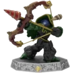 MASTER-RO-BOW-IMG-004-047875878303 - Video Game Depot Fantasy action figure in a green hooded outfit, wielding a curved blade and staff, standing on a carved stone pedestal.