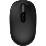 MICROSOFT-1850-WIRELESS-MOUSE-BLACK-004-885370726947 - Video Game Depot Top-down view of a black Microsoft wireless mouse with a vertical logo on the center scroll area.